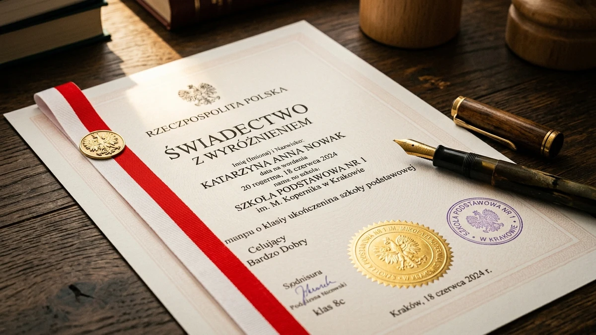 Oficjalne polskie świadectwo ukończenia szkoły podstawowej z biało-czerwonym paskiem wyróżnienia i złotą pieczęcią
