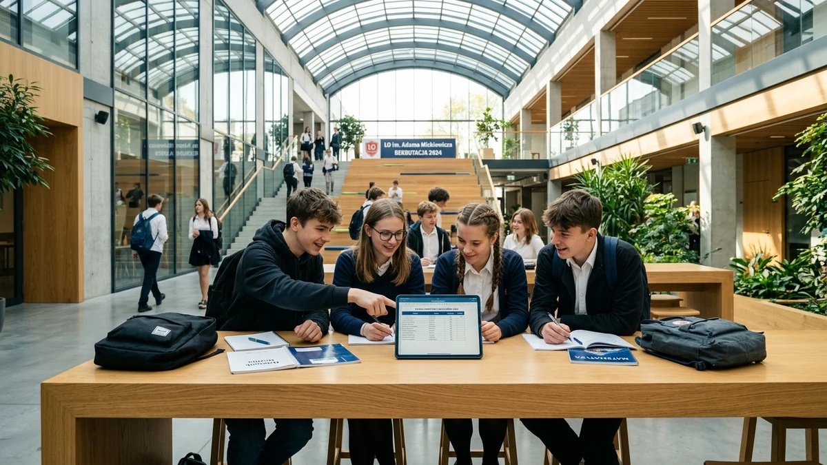 Uczniowie ósmej klasy analizujący wyniki egzaminu ósmoklasisty i punkty do liceum na tablecie w nowoczesnym holu szkolnym