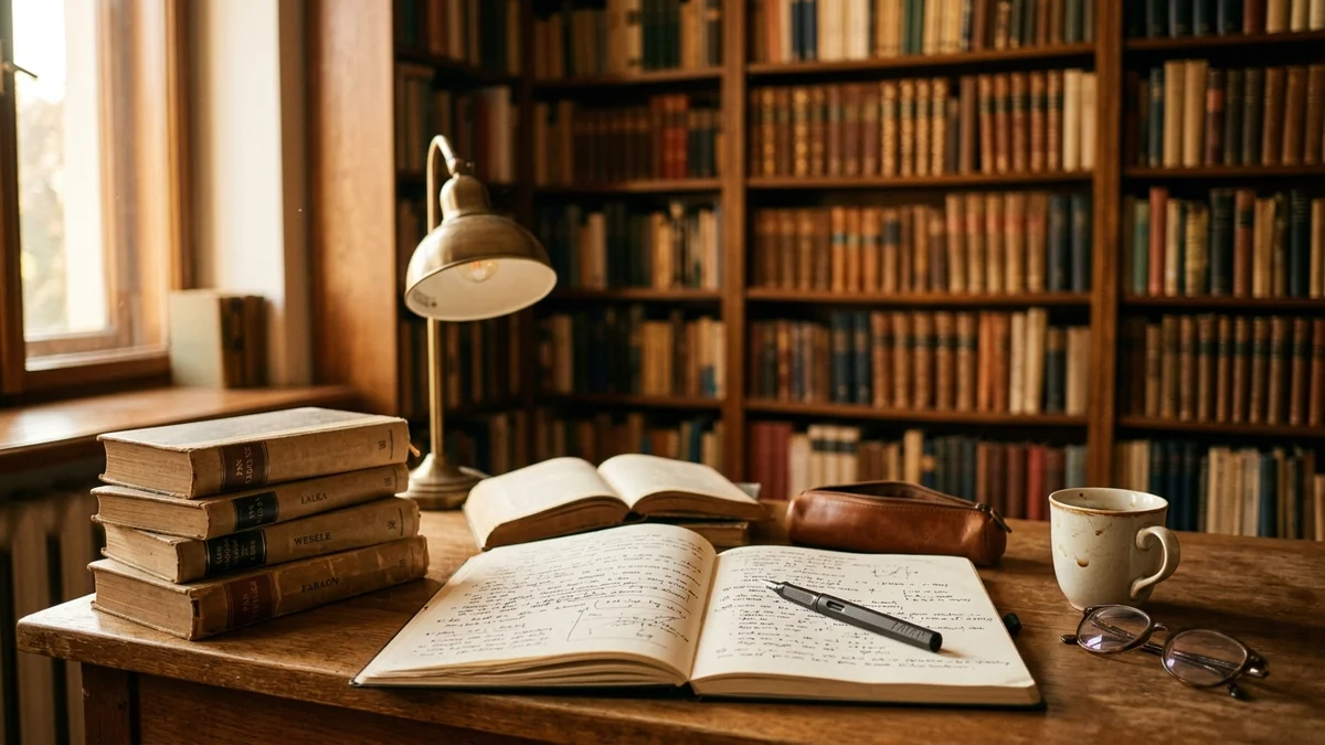 Biurko ucznia z klasycznymi lekturami obowiązkowymi CKE, otwartym zeszytem z notatkami i piórem wiecznym w klimatycznej bibliotece