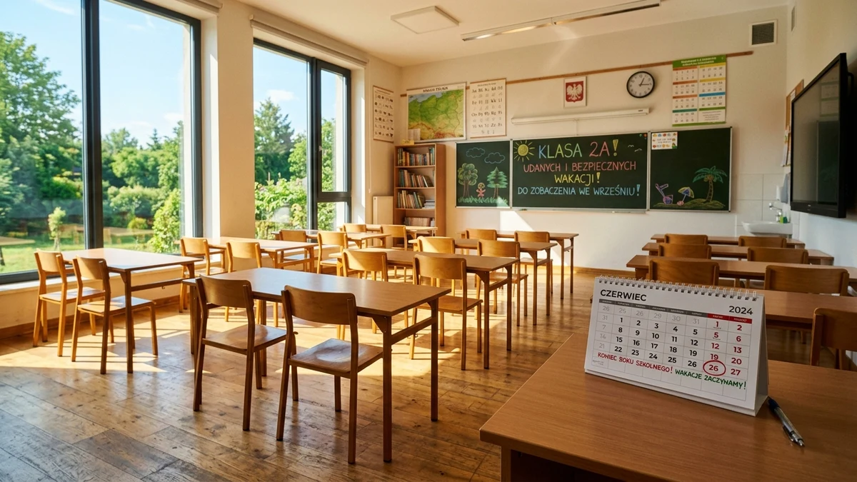 Słoneczna nowoczesna klasa szkolna z kalendarzem wskazującym datę zakończenia roku szkolnego 26 czerwca