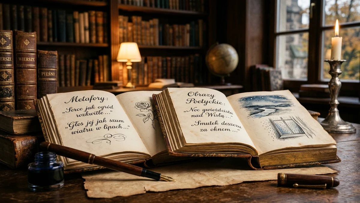 Otwarta klasyczna księga poetycka z artystycznymi metaforami i piórem wiecznym w zabytkowej bibliotece
